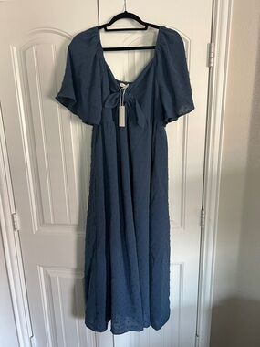 Textured Navy Maxi Dress with Front Tie and Flutter Sleeves